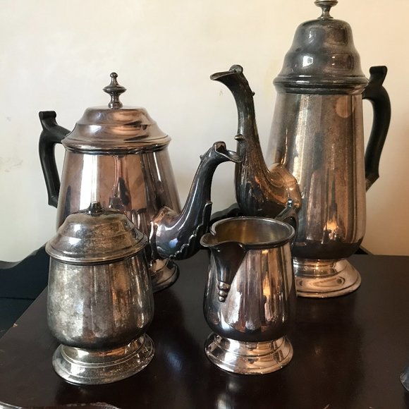 Antique Patinated Pure Silver Plated 5 Pc Tea Set w/ Black Wood Handle - Picture 3 of 15